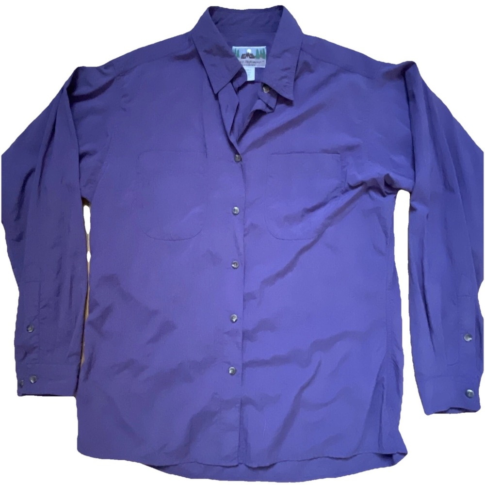 EMS Pinnacle Performance Men L Blue Nylon Hiking Fishing Button Up Shirt 137331